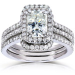 Shimmering Yaffie Gold Halo Ring with Forever Brilliant Moissanite Center and 5/8ct TDW Round Diamonds