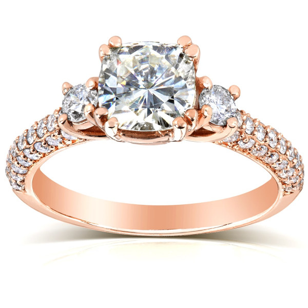 Eternally Dazzling Rose Gold Cushion Moissanite and Diamond Micro Pave Engagement Ring with 1 1/2ct TGW Forever One DEF