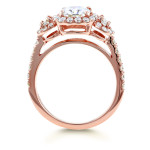 Sparkling Yaffie 3-Stone Halo Ring with Forever One Near Colorless Moissanite and Diamond Accents, adorned in Rose Gold brilliance, boasting 1 7/8ct TCW.