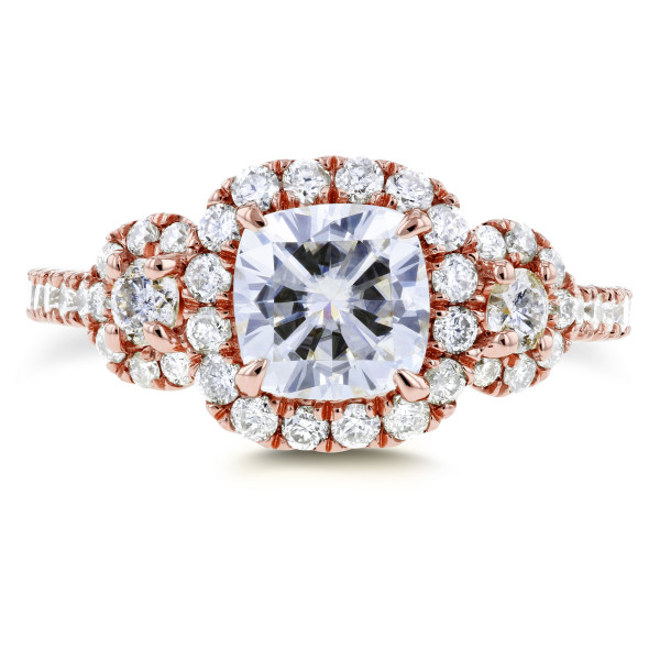 Sparkling Yaffie 3-Stone Halo Ring with Forever One Near Colorless Moissanite and Diamond Accents, adorned in Rose Gold brilliance, boasting 1 7/8ct TCW.