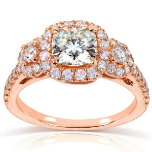 Rose Gold 3-Stone Halo Engagement Ring with Yaffie Cushion Moissanite and Diamond, Forever One DEF Sparkle in 1 7/8ct TGW