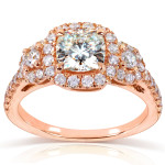 Rose Gold 3-Stone Halo Engagement Ring with Yaffie Cushion Moissanite and Diamond, Forever One DEF Sparkle in 1 7/8ct TGW