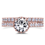 Forever Brilliant Moissanite and Diamond Bridal Set with Standing Halo in Yaffie Rose Gold, 2.1ct total weight.