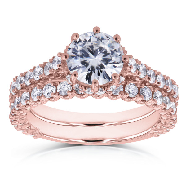 Bridal Rings by Yaffie - Halo Style with Round Moissanite & Diamond, Rose Gold Finish