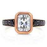 Artisanal Yaffie ™ Bezel Radiant Ring with 2 1/4ct TGW Moissanite and Black Diamond, Gleaming in Rose Gold Vintage Art Deco Design