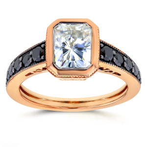 Artisanal Yaffie ™ Bezel Radiant Ring with 2 1/4ct TGW Moissanite and Black Diamond, Gleaming in Rose Gold Vintage Art Deco Design