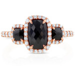 Yaffie ™ Custom-Made Cushion Three Stone Ring Boasts Black, White, and Rose Gold with Sparkling 2ct TDW Diamonds.