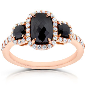 Yaffie ™ Custom-Made Cushion Three Stone Ring Boasts Black, White, and Rose Gold with Sparkling 2ct TDW Diamonds.
