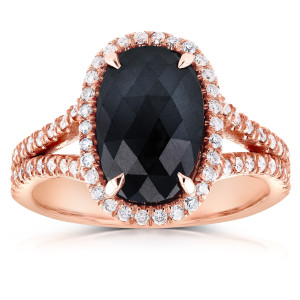 Yaffie ™ Custom Rose Gold Oval Halo Ring with Black & White Diamonds, 3/5ct TDW & Split Shank
