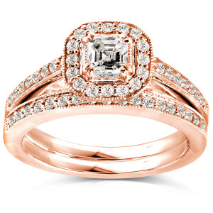 Rose Gold Asscher Diamond Halo Bridal Set with 5/8ct Total Diamond Weight by Yaffie