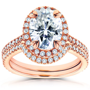 Rose Gold Oval Moissanite Bridal Ring Set with Diamond Halo