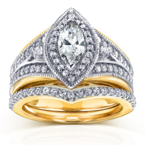 Marquise Diamond Bridal Set in Two-Tone Gold by Yaffie, Featuring 1 1/6ct TDW