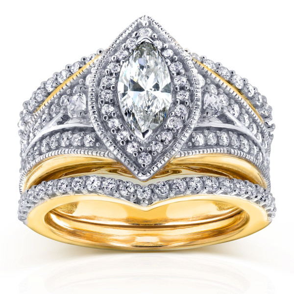 Artfully Chic Yaffie Gold Marquise Bridal Set with 1 1/3ct TDW Diamonds and Chevron Design