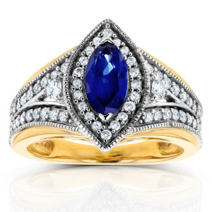 Art Deco Chevron Ring with Yaffie Two Tone Gold Marquise Blue Sapphire and 1/2ct TDW Diamonds