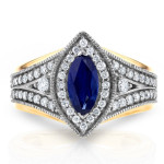 Art Deco Chevron Ring with Yaffie Two Tone Gold, Marquise Blue Sapphire, and 1/2ct Total Diamond Weight