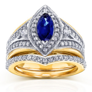 Marquise Blue Sapphire & Diamond Art Deco Chevrons by Yaffie - Two Tone Gold!