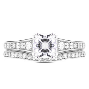 White Gold Bridal Set with 1 1/10ct Cushion Moissanite and 2/5ct TDW Diamond Accent