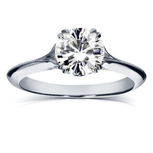 Vintage Floral Engagement Ring with Forever One Moissanite and Diamond, 1 1/10ct TGW White Gold by Yaffie.