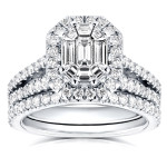 Art Deco Halo Bridal Set with 1 1/2ct Emerald and Round Diamond by Yaffie - White Gold