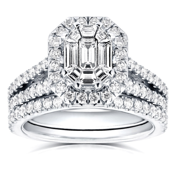 Art Deco Halo Bridal Set: Yaffie White Gold Elegance with 1.5ct Emerald & Diamond Sparkles