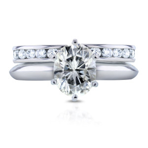 White Gold Moissanite Solitaire Bridal Set with Channel Diamond Band - 2 1/2ct Total Weight