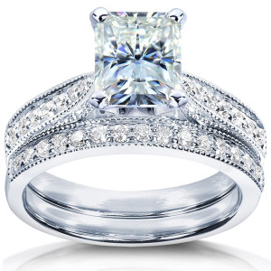 White Gold 1 1/2ct TCW Forever Brilliant Radiant Moissanite and Round Diamond Ring - Custom Made By Yaffie™