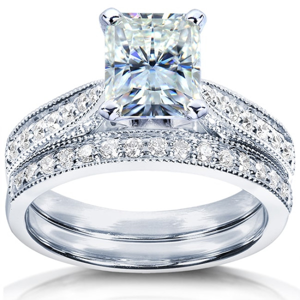 Dazzling Radiant Moissanite and Round Diamond White Gold Ring with 1 1/2ct TCW, Forever Brilliant Sparkle.