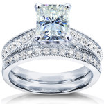 Dazzling Radiant Moissanite and Round Diamond White Gold Ring with 1 1/2ct TCW, Forever Brilliant Sparkle.