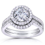 Yaffie Timeless Halos: A Dazzling 1 1/2ct Forever One DEF Moissanite & Diamond Bridal Duo in White Gold.