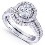 Yaffie Timeless Halos: A Dazzling 1 1/2ct Forever One DEF Moissanite & Diamond Bridal Duo in White Gold.