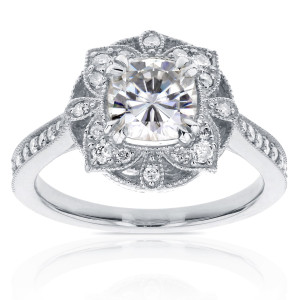 Antique Floral Ring with Cushion Moissanite and Diamonds, 1 1/3 ct TGW in White Gold