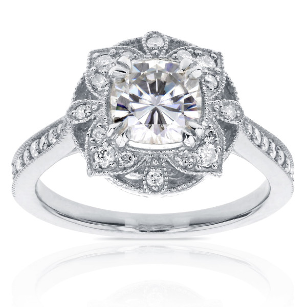 Vintage Floral Moissanite and Diamond Ring with 1 1/3ct Cushion Cut White Gold Setting