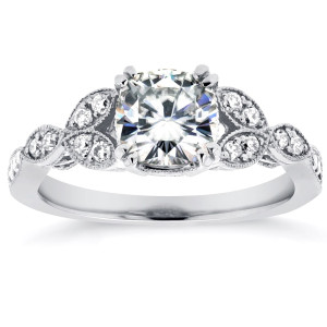 Vintage Floral Engagement Ring featuring 1 1/3ct TGW Cushion-cut Moissanite and Diamond, crafted in Yaffie White Gold.