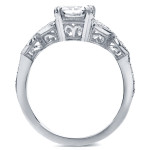 Vintage Floral Engagement Ring with Cushion-cut Moissanite and Diamond in White Gold, 1 1/3ct Total Gem Weight by Yaffie.