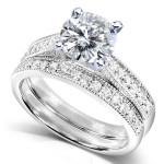 Antique Bridal Set with Forever One DEF Moissanite and Diamond in Yaffie White Gold, featuring 1 1/3ct TGW Round Brilliance