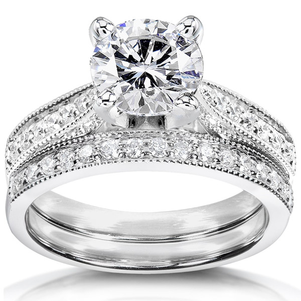 Antique Bridal Set with Forever One DEF Moissanite and Diamond in Yaffie White Gold, featuring 1 1/3ct TGW Round Brilliance