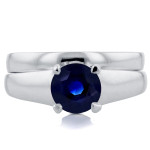 Blue Sapphire Bridal Set featuring Yaffie 1 1/4ct Round White Gold Solitaire design.