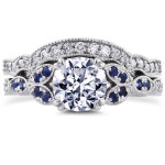 Vintage Floral Bridal Set with Blue Sapphire and 1 1/4ct TDW Diamond in Yaffie White Gold
