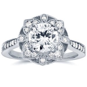 Floral Antique Engagement Ring with 1 1/4ct TDW Round Diamond in Yaffie White Gold