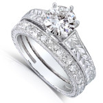 Vintage Textured White Gold Bridal Set with 1 1/4ct Moissanite and Sparkling Diamonds by Yaffie