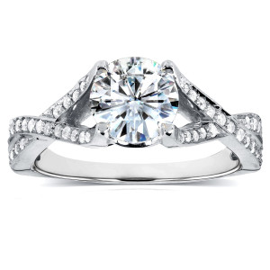 Crisscross Band Engagement Ring with 1 1/4ct TGW Round-cut Moissanite and Diamonds by Yaffie White Gold