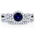 White Gold Bridal Ring Set with 1 1/5ct TCW Sapphire and Diamonds by Yaffie - 2 Pieces