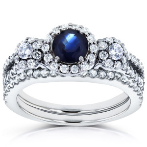 White Gold 1 1/5ct TCW Sapphire and Diamond 2 Piece Bridal Rings Set - Custom Made By Yaffie™