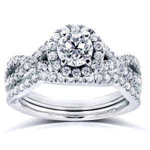 Yaffie Ultimate Bridal Set: White Gold Crossover Halo with 1.2ct Diamonds