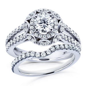 Blossoming Bridal Set: Yaffie White Gold Floral Rings with 1 1/5ct TDW Round Diamonds