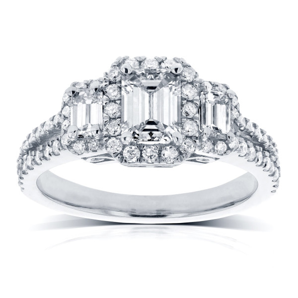 3-Stone Emerald & Diamond Halo Engagement Ring - Yaffie White Gold 1 1/5ct TDW