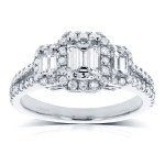 Radiant Three Stone Emerald Diamond Ring with Halo - Yaffie 1 1/5ct TDW White Gold Engagement Ring