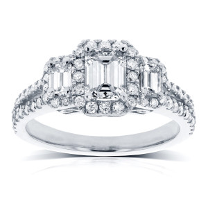 Exquisite Yaffie Emerald Diamond and Halo Engagement Ring in White Gold with 1 1/5ct TDW Three Stones