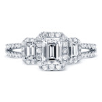Exquisite Yaffie Emerald Diamond and Halo Engagement Ring in White Gold with 1 1/5ct TDW Three Stones