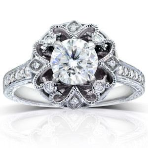 Exquisite Antique Floral Engagement Ring with Yaffie White Gold, 1 1/5ct Forever One DEF Moissanite and Diamonds.